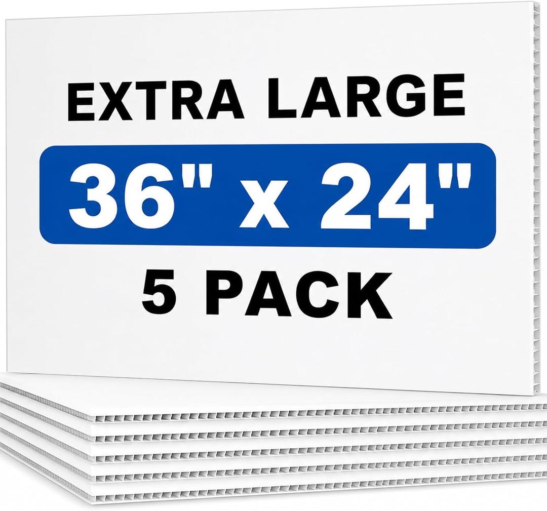 Corrugated Plastic Board 24 x 36 Inch, Waterproof White Corrugated Plastic Sheet Poster Board Custom Blank Yard Signs for Outdoor Estate Garage Sale, Birthday Party, Parking, Guidepost, 5 Pcs