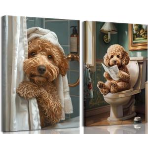 libitea 2 Pcs Funny Animal Bathroom Canvas Wall Art Cute Dog Reading Newspaper and Taking Bath on Toilet Art Print Humorous Bathroom Animal Painting Wall Decor for Dog Lovers Home Decoration, Size: 24"L x 16"W