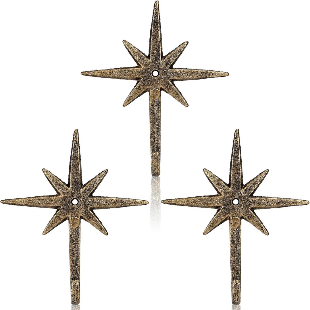 3 Pcs Cast Iron 8 Pointed Atomic Starburst Cute Wall Hooks Mid Century Star Hooks Modern Decor Easy Install Decorative Towel Hook for Coats Aprons Hats Vintage and Eclectic Decor