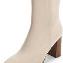 Coutgo Women's Ankle Boots Pointed Toe Chunky Stacked Heel Side Zipper Dress Fall Booties Shoes (Beige, 9.5)