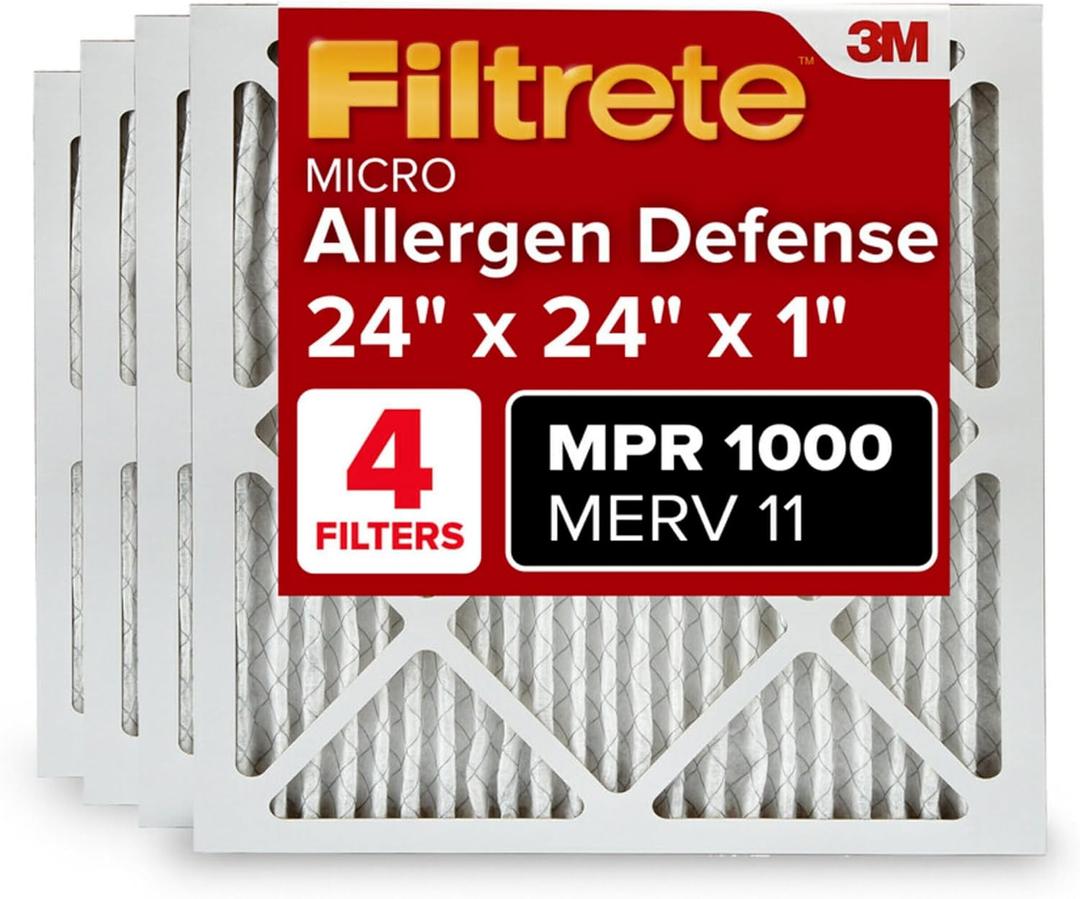 Filtrete 24x24x1 AC Furnace Air Filter, MERV 11, MPR 1000, Micro Allergen Defense, 3-Month Pleated 1-Inch Electrostatic Air Cleaning Filter, 4 Pack (Actual Size 4-Pack 23.69x23.69x0.81 in)