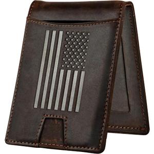 American Flag Wallet Genuine Brown Crazy Horse Leather RFID-Blocking Bi-Fold Card Holder with Money Clip Disabled USMC Vet Owned SMALL Business