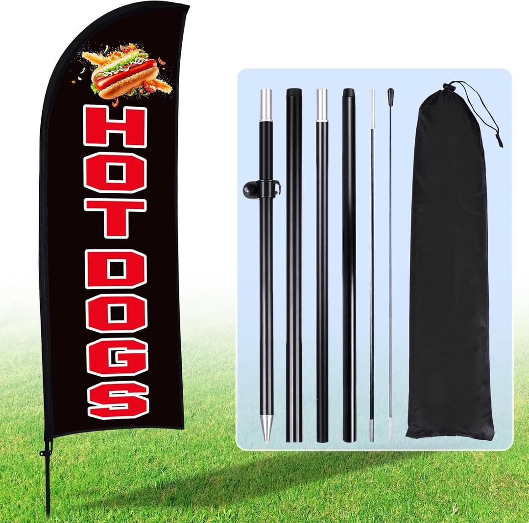 Buryeah Hot Dogs Feather Flag Kit Hot Dogs Swooper Flag with Pole Ground Stake and Portable Bag 7 ft Sign for Business Restaurant Advertising Business Banner for Outside Ground(Black)