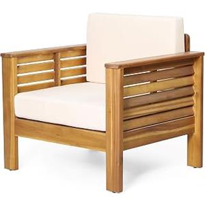 Christopher Knight Home Louver Outdoor Acacia Wood Club Chairs with Cushions, 32 "W x 27.75 "D x 27.75 "H, Teak + Cream