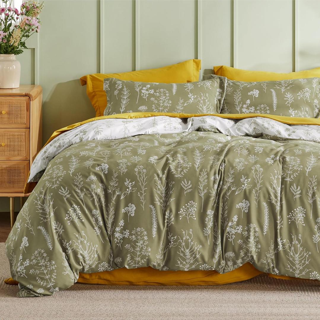Bedsure Duvet Cover King Size - Reversible Olive Green King Duvet Cover Set with Zipper Closure, 3 Pieces Floral Patterned Bedding Set with 8 Corner Ties and 2 Pillow Shams (King (104" x 90"), 05 - Olive Green (No Comforter))