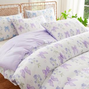 CCoutueChen Purple Bow Comforter Set Full 3 Pieces Floral Bedding Set for Girls Kids, Romantic Princess Style Bowknot Bedding, Ultra Soft Microfiber Garden Flower Comforter Sets with 2 Pillowcases