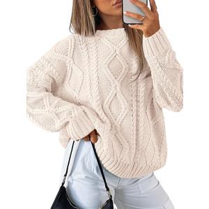 Trendy Queen Women's Oversized Cable Knit Crewneck Sweaters (Beige, L)