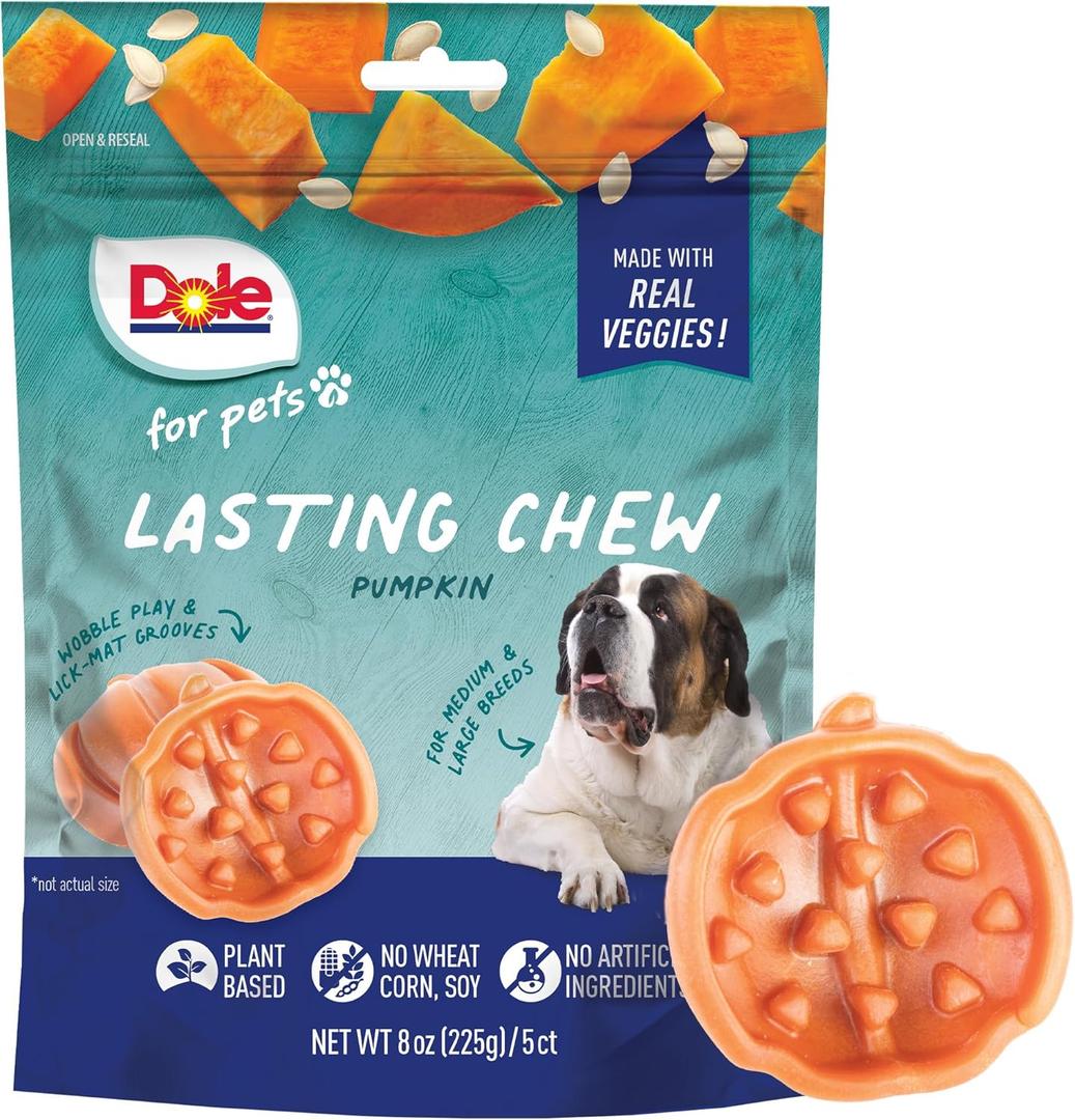 Dole for Pets Freshly Fetched Lasting Chew, Pumpkin Flavor Dog Treats, 8oz, 5ct | Flavored with Real Veggies, No Wheat, Corn, Soy, Artificial Flavors, Colors, Preservatives, or Animal Products (8 Ounce (Pack of 2))