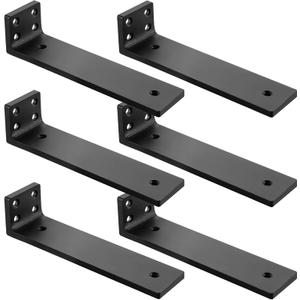 Floating Shelf Brackets 8 inch, Heavy Duty Wall Shelf Bracket 6 Pack for Shelves Support, Hidden Metal L Brackets with Mounting Hardware (1/5'' Thick),8Inch, Black 6 Pack