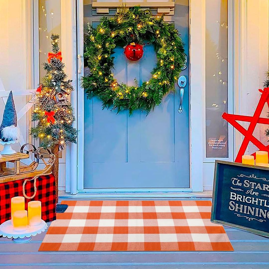 Buffalo Plaid Outdoor Rug Checkered Area Rug Washable Doormats Indoor Outdoor Rugs for Layered Front Door Mats, Porch, Entryway, Kitchen, Farmhouse (Orange and White Plaid, 2'3'' x 3'7'')