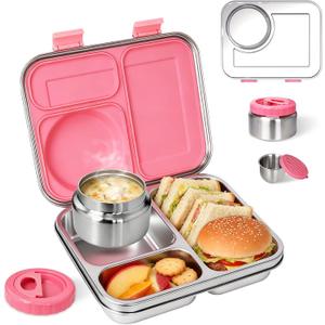 Stainless Steel Bento Lunch Box-7+ Older KidsTeens Adult with Insulated Food Jar,Leakproof 3-Compartment,BPA-Free, Eco-Friendly,Dishwasher Safe, Large-Capacity Box, School,Office,Travel Pink