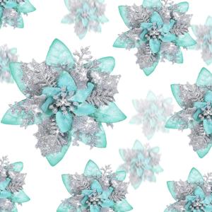 24 Christmas Glitter Artificial Poinsettia Flowers Xmas Poinsettia Artificial Wedding Flowers Decorations Xmas Tree Ornaments with Clips for Party Favors, 6 Inch, 4 Inch, 3 Inch (Silver and Green)