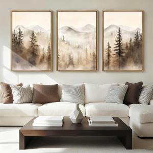 IARTTOP Large Mountain Forest Framed Canvas Wall Art 16x24 Inch Set of 3 Abstract Misty Woodland Painting Modern Farmhouse Art Prints for Living room Dining room