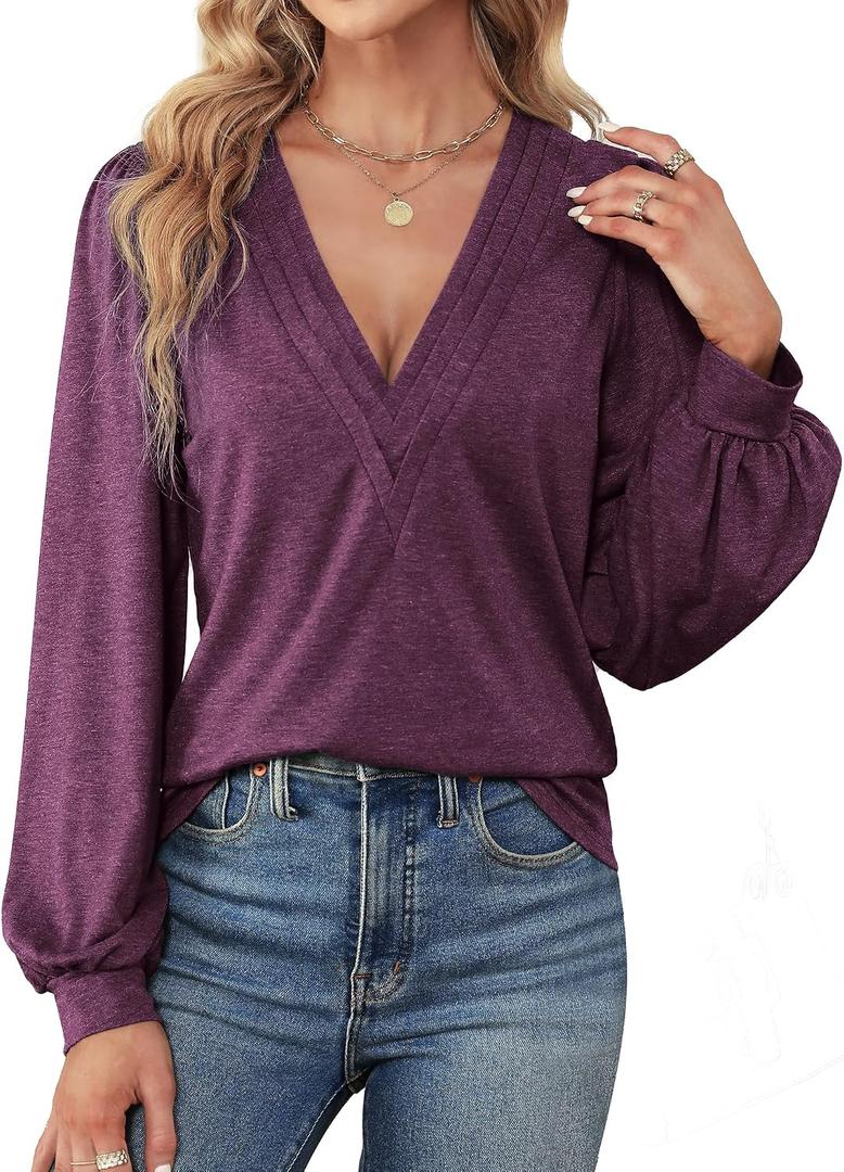 Agnes Urban Womens V Neck Long Sleeve Tops Dressy Casual Fall Shirts Puff Sleeve Loose Tunic Trendy Tops Blouses (Purple, M)