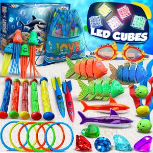 JoyX 35-Piece Diving Pool Toys Set for Kids Ages 412  Includes LED Light Cubes, Goggles, Rings, Gems & Toypedo Bandits  Swim & Dive Training Set with Storage Bag for Pool Fun