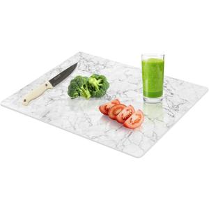 16"x12" Tempered Glass Cutting Board, Marble Pattern Chopping Boards for Kitchen, Heat Resistant Trivet & Countertop Saver, Non-Slip, Shatter-Resistant, Dishwasher Safe (White)