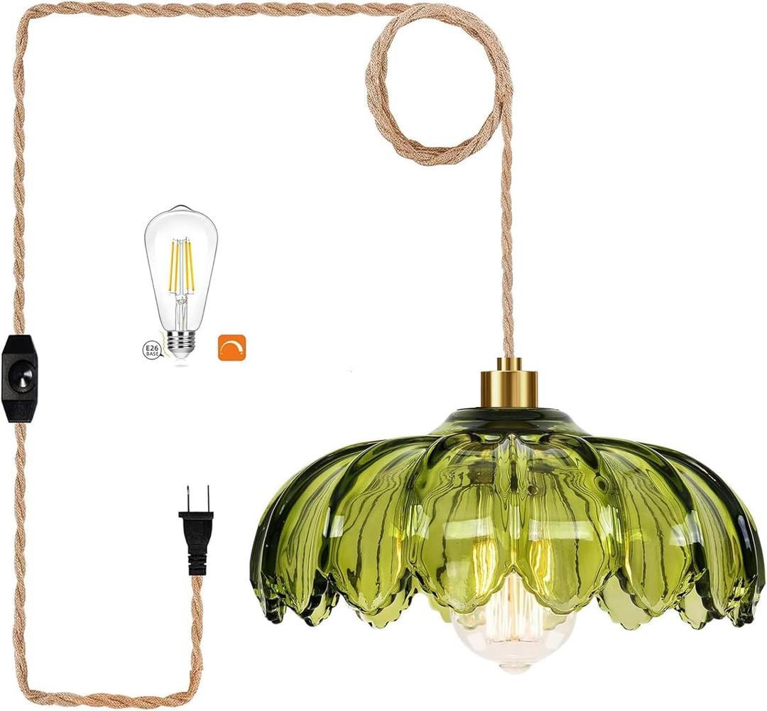 QIYIZM Plug in Pendant Light Hanging Lights with Plug in Cord Boho Hanging Lamp Glass Gold Mid Century Modern Vintage Dimmable Green Flower Plug in Chandelier Ceiling Fixture for Living Room,Kitchen