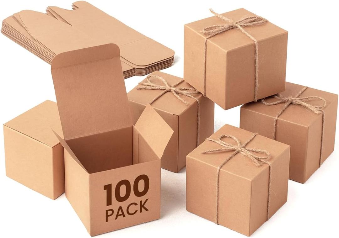 Juvale Brown Gift Boxes with Lids, 100 Pack Durable Kraft Paper Favor Boxes, Easy to Assemble Square Boxes for Bridesmaid Proposals, Candles, Cookies, Candy, and Small Gifts - 2x2x2 Inch