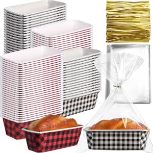 50 Sets Christmas Paper Loaf Pan 6.3 x 2.2 x 2.2 Inch Disposable Loaf Pan Liners with Clear Plastic Bags and Ties Paper Baking Pans Rectangle Baking Mold for Bread Cake Bakery(Plaid Style)