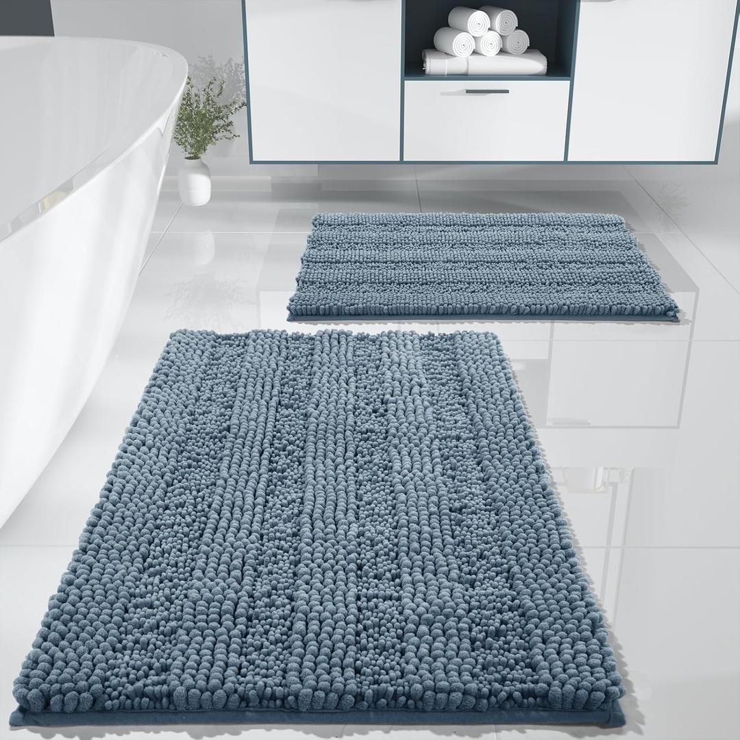 Yimobra Washable Bathroom Rugs Sets 2 Piece, Non Slip Quick Dry Absorbent Bath Mat Set, Chenille Luxury Shower Rugs for Bathroom Floor Sink Tub and Shower Outside(Denim Blue, 20" x 32"+17" x 24")
