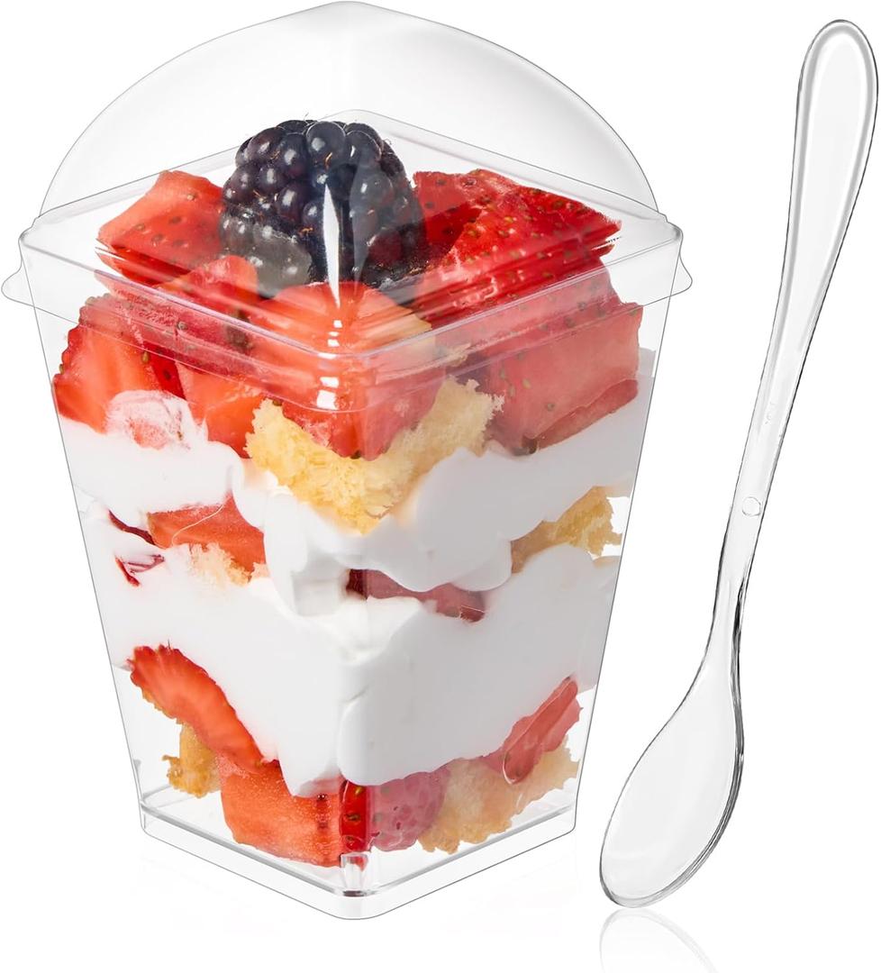 Soelomu 5oz Plastic Dessert Cups with Dome Lids and Spoons, 50 Pack Mini Clear Parfait Cups Square Party Serving Cup for Pudding, Appetizer, Fruit and Ice Cream