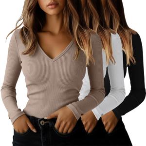 Ficerd 3 Pack Women's Long Sleeve T Shirts Cotton V Neck Slim Fit Tops Ribbed Knit Layering Casual Basic Tees Fall (Large, Black, White, Khaki)