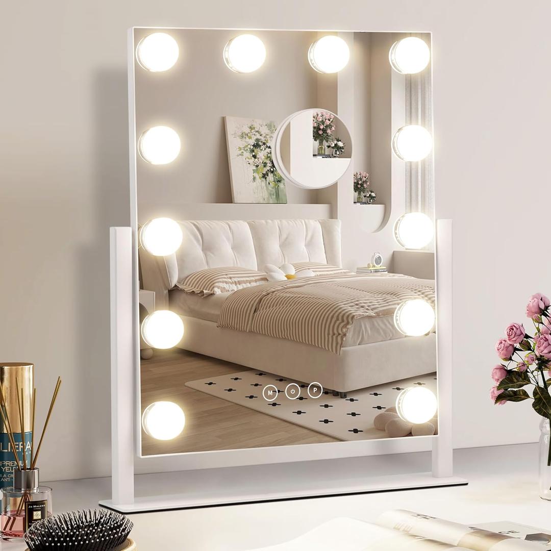 Vanity Makeup Mirror with Lights,3 Color Lighting Modes Detachable 10X Magnification Mirror Touch Control,360Rotation, White (14.6Inch)
