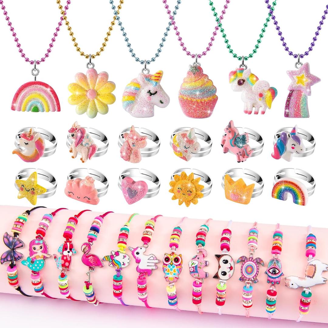 Kids Play Jewelry for Girls 4-6, Unicorn Necklace and Bracelet Set Ring for Little Girls Jewelry Ages 4-6 6-8, Toddler Birthday Gift Princess Dress Up for 5 6 3 8 7 4 Year Old