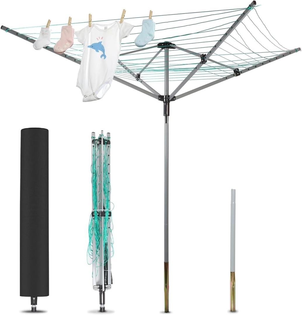 Umbrella Drying Rack Outdoor Umbrella Clothesline Rotary Retractable Clothes Line Adjustable Height 4 Arms Heavy Duty Clothesline Drying Rack 12 Lines with 165 Feet Clothes Line for Backyard