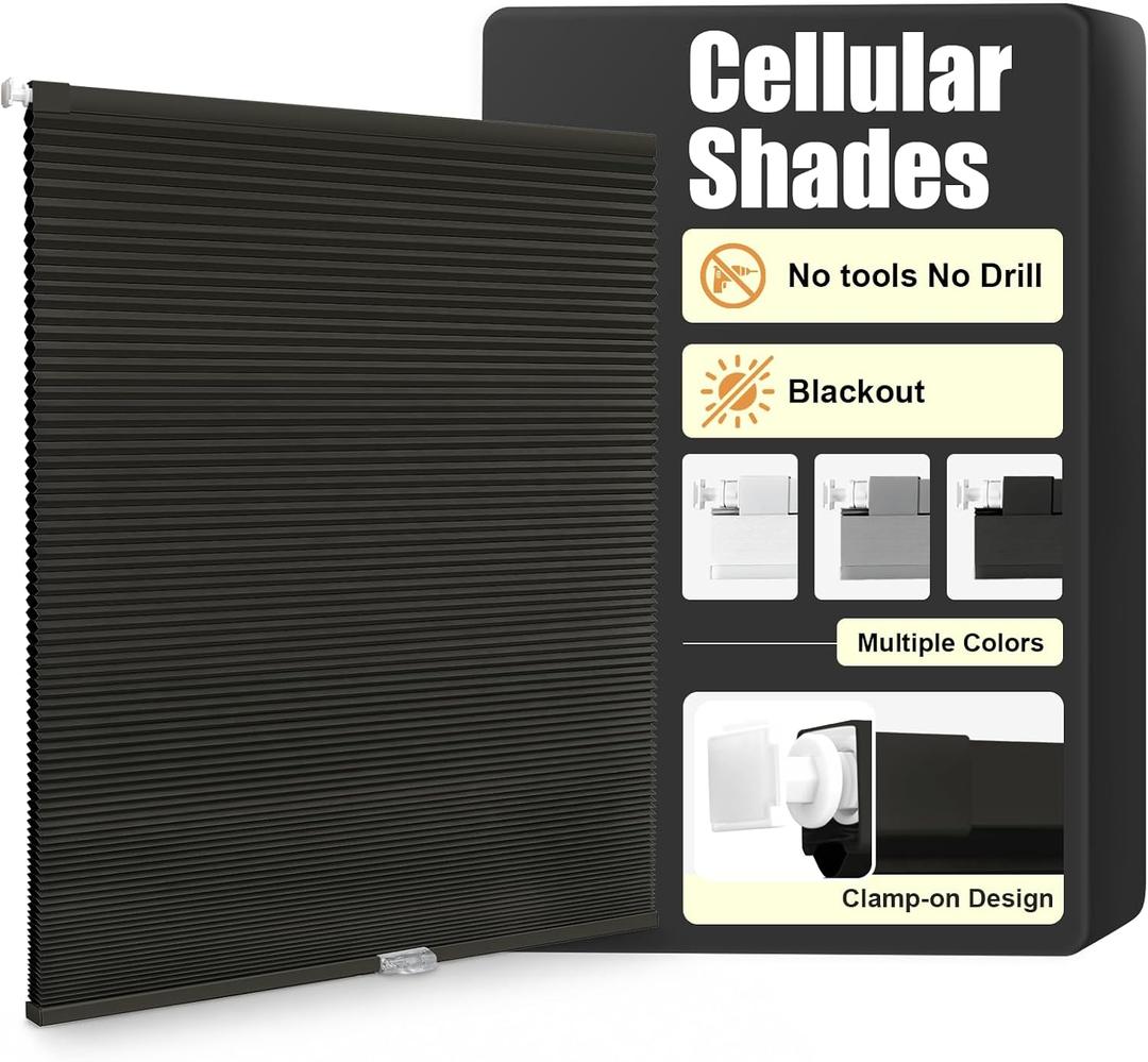 SERLMWNT No Drill Cordless Blackout Cellular Shades,37" W x 48" H,Black