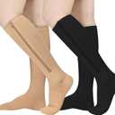 2 Pairs Zipper Compression Socks, 15-20 mmHg Closed Toe Compression Stocking with Zipper for Women and Men (Small-Medium)