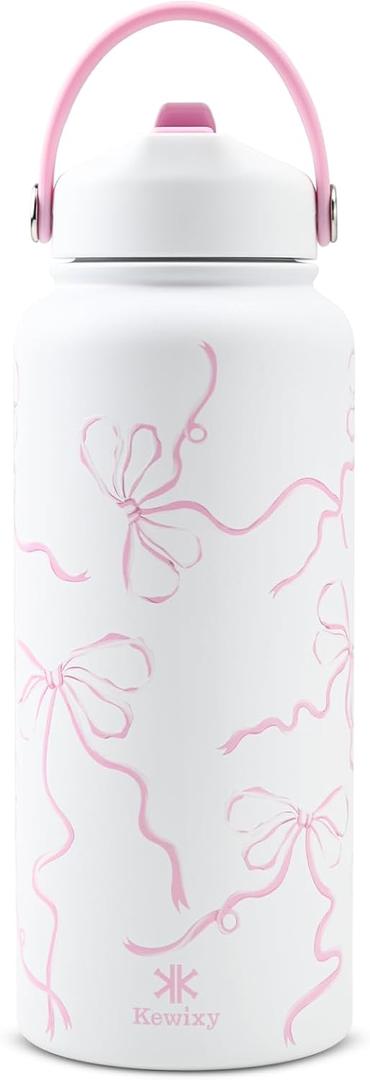 32 oz Insulated Water Bottle with Straw, Bow Water Bottle Stainless Steel with Flip Straw and Handle, Leak Proof, Metal, Reusable, Wide Mouth, for Travel, Gym and School (Breeze Pink Bow)