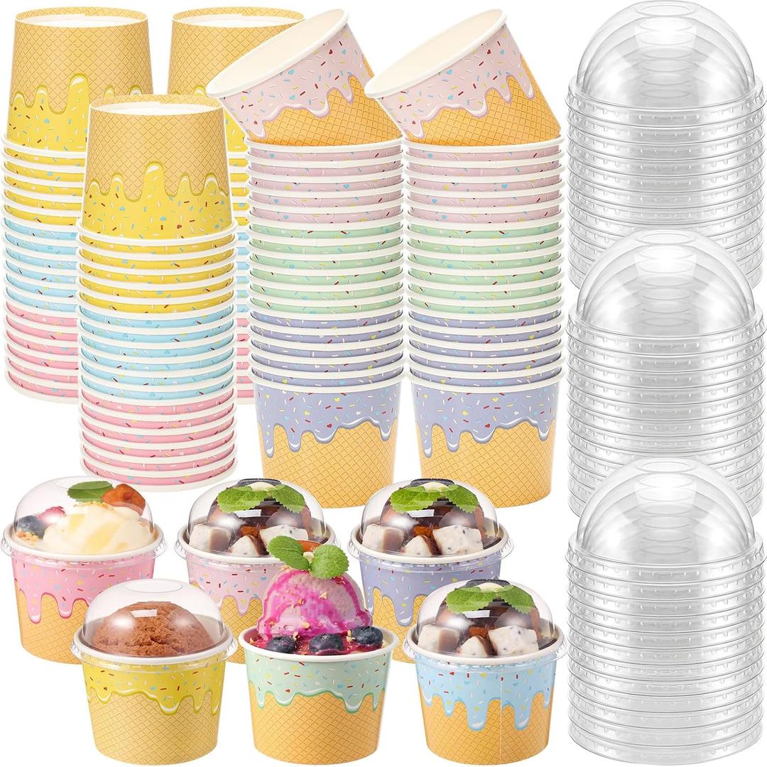 Jingmore 60 Pack 4 oz Ice Cream Paper Cups with Lids Disposable Ice Cream Bowls Paper Treat Dessert Cups 5 Color Cake Snack Container for Hot or Cold Food Soup Yogurt Birthday Summer Party Supplies