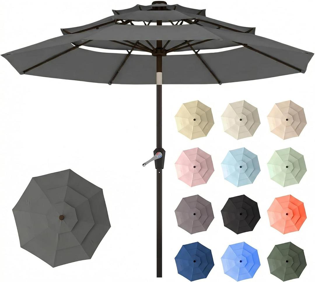 10ft Patio Umbrella, 3 Tier Outdoor Market Table Umbrellas with 8 Fiberglass Ribs and Push Button Tilt, Windproof, Vented Canopy, UV Protection for Deck, Pool, Backyard