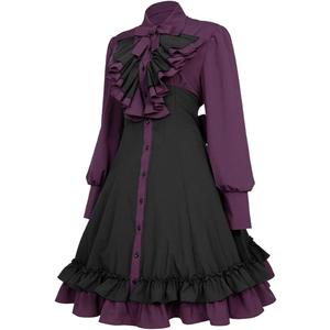Vintage Women's Gothic Contrast Color Dress Long Sleeve Ruffle Dress , S