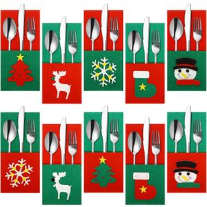 10 Pieces Christmas Silverware Holder Pocket Tableware Cutlery Organizers Felt Xmas Tree Snowman Reindeer Snowflake Stocking Knife Fork Flatware Bags Christmas Party Dinner Table Supplies
