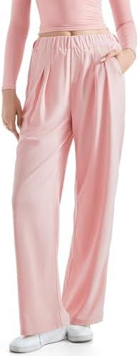 SUUKSESS Women Wide Leg Pants Elastic High Waisted Work Pants Flowy Palazzo Trouser Pants (Pink, M)