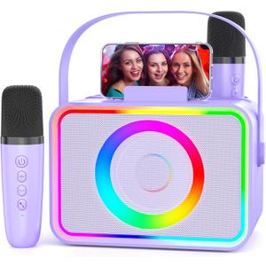 Karaoke Machine,Portable Bluetooth Speaker with 2 Wireless Microphone for Adults & Kids with LED Lights, Karaoke Microphone with PA System Supports USB/TF/AUX,Gift for Party(Purple)