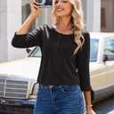 Uhiger Womens Black Button Down Shirt Henley V Neck Tops 3/4 Sleeve Tunic Tps for Women Loose Fit Dressy Blouses Business Casual Spring Summer Clothes Vacation Travel Outfit (XL)
