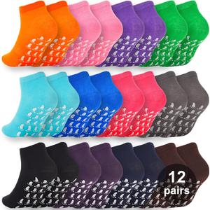 Grip Pilates Socks for Women & Men- Adults Bulk Non Slip Anti Skid Sticky Grippy Sock for Hospital Yoga Barre (5.5-9, Foot Pattern /Multicolo r(12 Pairs))