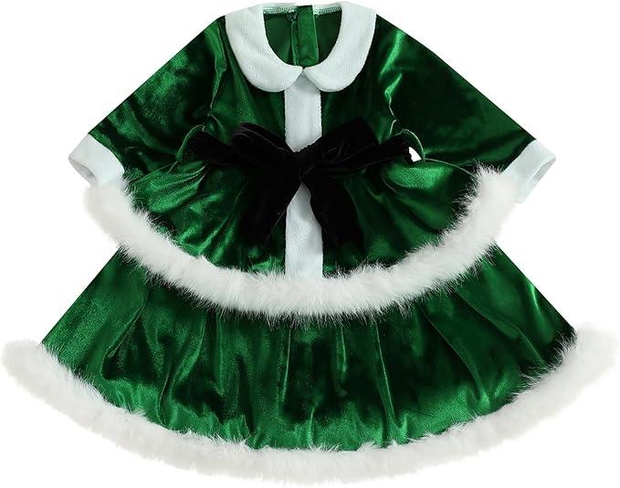 Kid Little Girls Christmas Outfit Santa Claus Velvet Lapel Long Sleeve Dress Princess Party Layered Dresses with Belt (Green, 3-4 Years)