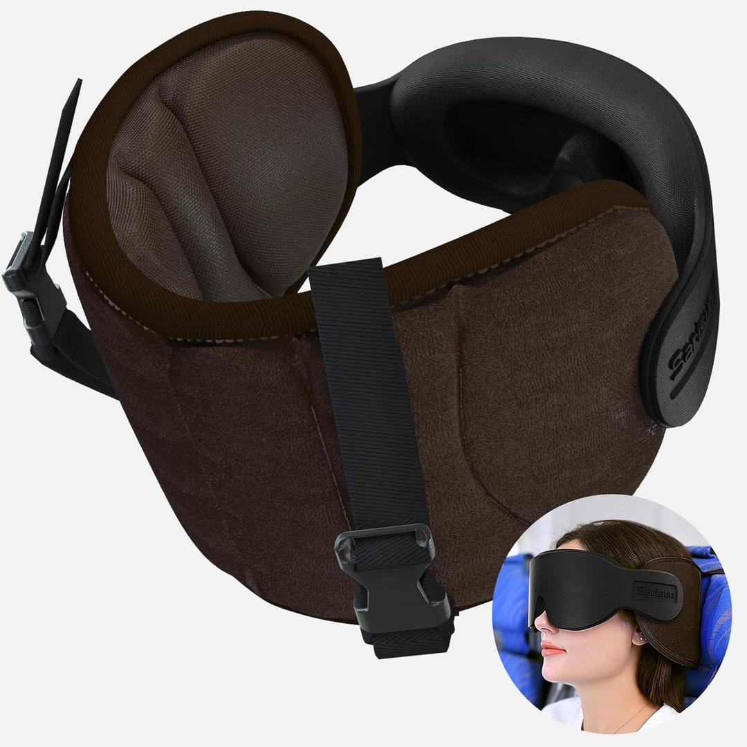 SARISUN Travel Pillows for Airplanes, Airplane Pillow with Eye Mask for Long Flight, Airplane Head Strap for Sleeping, 360 Support Headrest for Car Trip, Stop Bobblehead Travel Essential, Dark Brown