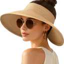 Women's Sun Visor Hats Wide Brim Straw Beach Hat Ponytail Hats for Women Foldable Floppy (1pack-khaki-coolingsleeves)