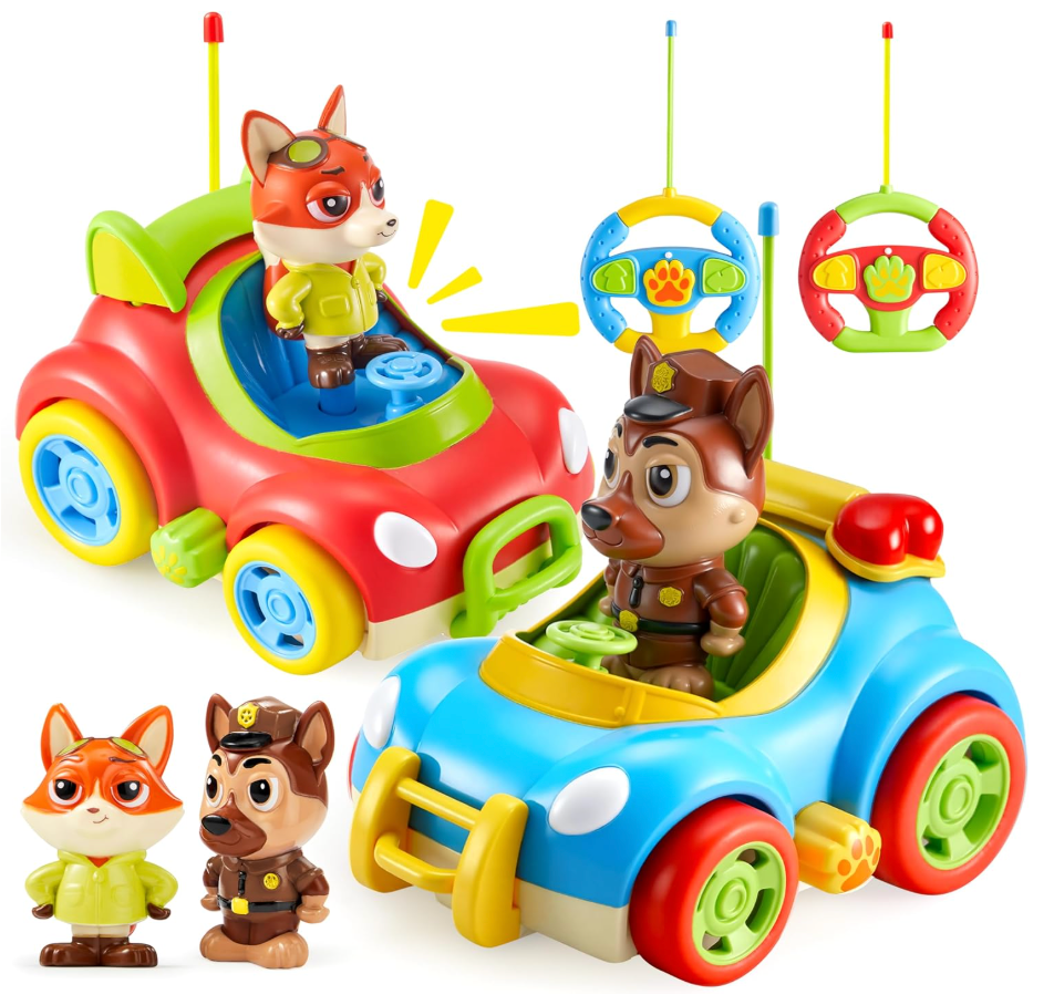 lalalark 2 Pack Remote Control Car for Toddlers, RC Cars with Cartoon Figure, Kids Toy Bumper Cars with LED Lights and Sounds, Light Up Car with Music, Christmas Birthday Gift for Boys Girls