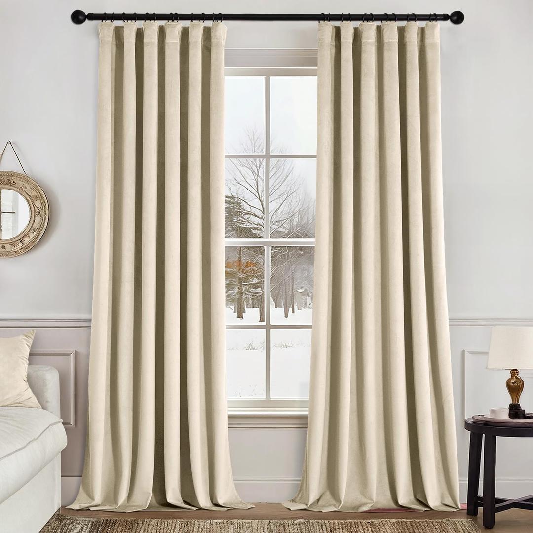 MIULEE Velvet Curtains 96 Inches Long 2 Panels Set for Bedroom, Pinch Pleat Back Tab Thermal Insulated Living Room Darkening Drapes Pleated Blackout Floor to Ceiling Curtains with Hooks, Beige