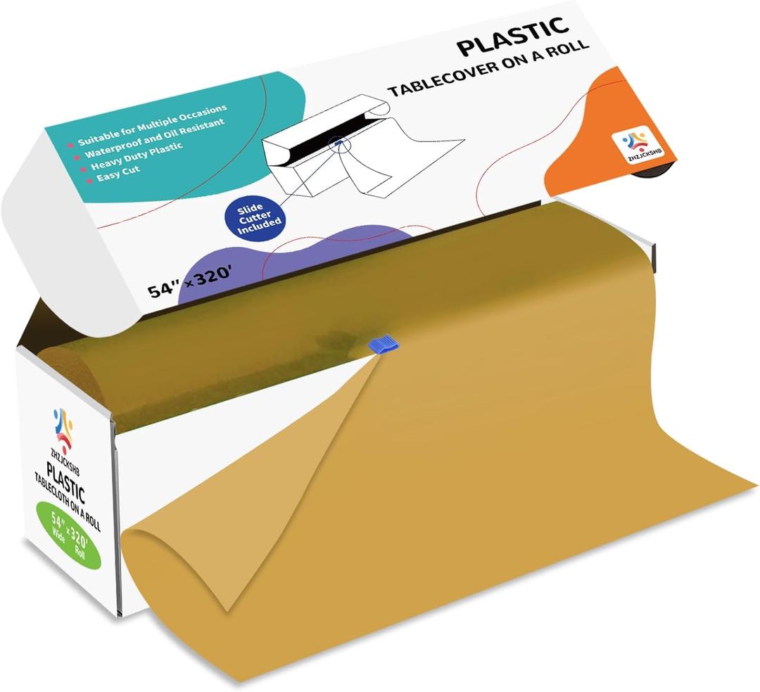 54IN X 320FT Plastic Table Cover Roll with Cutter Box, Cut to Size Plastic Table Cloths for Parties, Birthday, Disposable Tablecloth Roll for All Shape Tables (Gold, 54 Inch X 320 Feet)