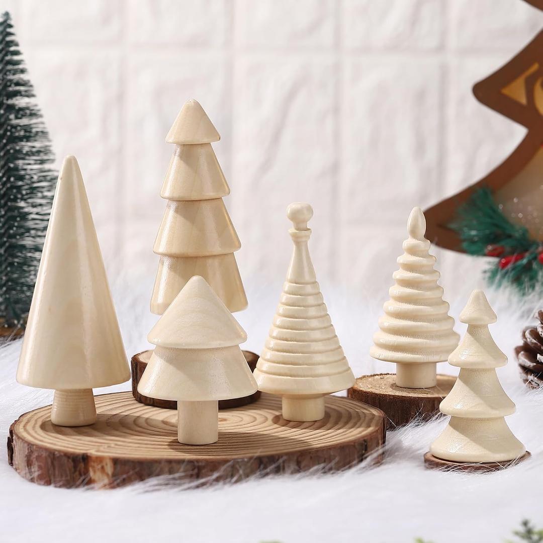 Namalu 6 Pcs Mini Wooden Christmas Trees for Crafts Farmhouse Wood Christmas Trees Small Figurines Vintage Tiny Xmas Table Centerpiece Rustic Unfinished Tabletop for DIY Craft Art Decoration(Boho)