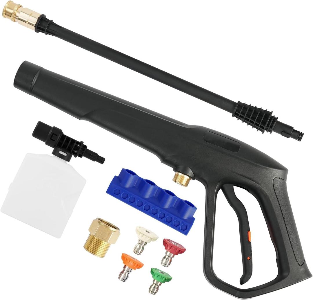 Pressure Washer Gun with Foam Cannon, Max W.P. 2320PSI, B.P. 5000PSI, M22-14mm & M22-15mm Fitting, 4 Stainless Steel Nozzle Tips & Holder, Replacement for Ryobi, Greenworks, and More