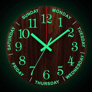 12 Inch Luminous Wall Clock - Silent Wooden Design Night Lights - Round Wall Clock for Bedroom Bathroom Kitchen Living Room - Battery Not Included