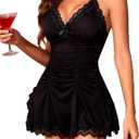 Girece Sexy Lingerie for Women Lace Nightgown Sleep Dress with Side Slit Lace Trim Chemise Soft Sleepwear & Comfy Loungewear (Small, Black)